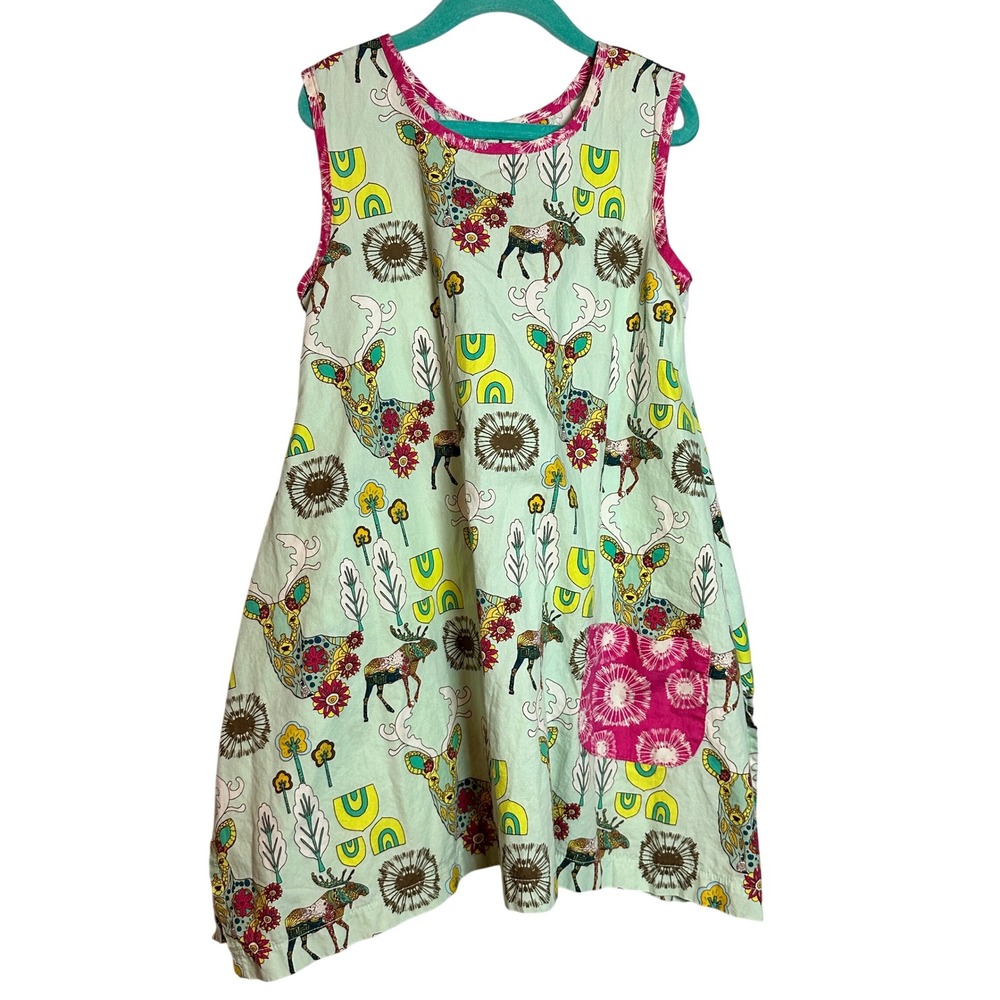 Hannah Kate Girls Mint Green Woodland Deer Moose Cotton Sharkbite Dress Size 8